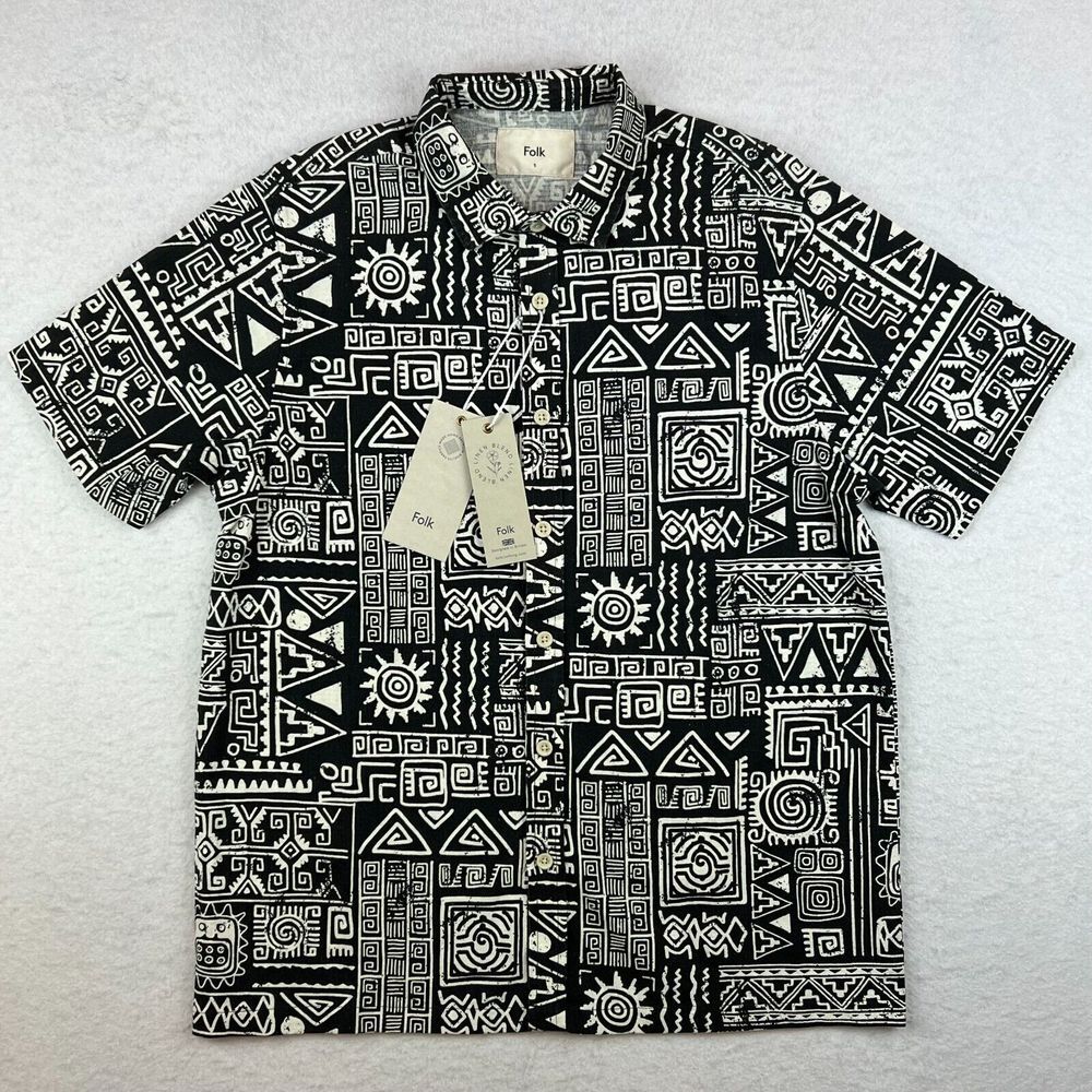 New NWT Mens Folk Machu Linen‎ Short Sleeve Button Down Black Shirt Size Small